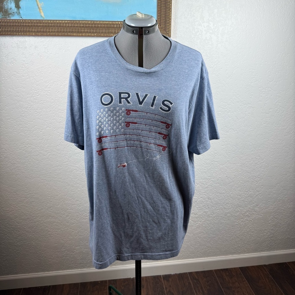 Orvis Heather‎ Blue Men's Size XL  Graphic Tee Flag Patriotic Fly Fishing
